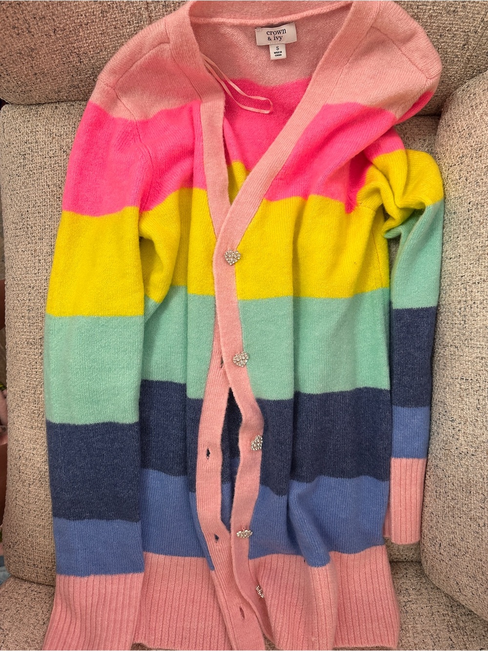 crown & ivy Striped Button-Front Cardigan in Pink, Yellow & Blue